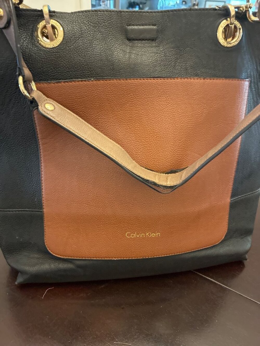 Calvin Klein Large Leather Tote Bag Black Brown Colorblock Shoulder Bag 17” - Picture 2 of 13